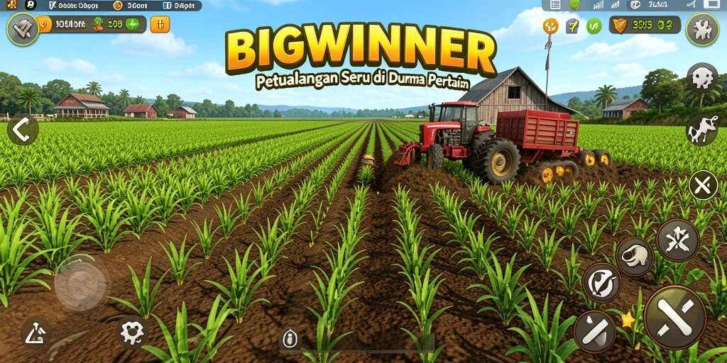 Screenshot permainan BIGWINNER menampilkan kebun indah dengan tanaman yang rimbun.