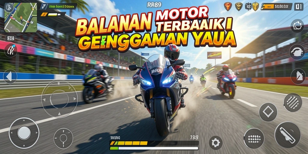 Screenshot gameplay RR89 menampilkan aksi balapan motor yang seru.